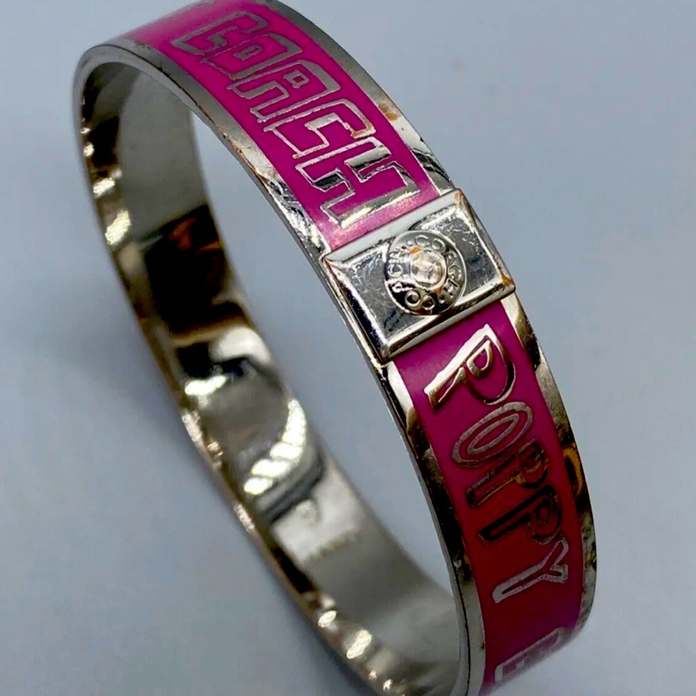 Coach Pink Enamel 'Poppy' Silver-Tone Hinged Bracelet
